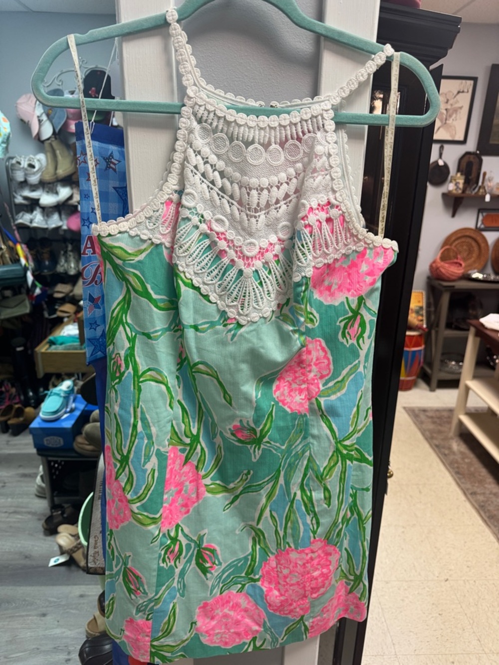 Lilly Pulitzer Aqua Green Tank Dress with Pink Floral & White Crochet Yoke